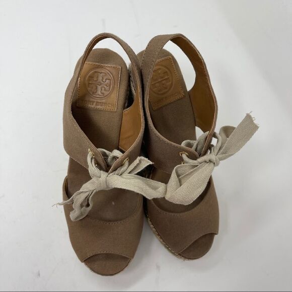 Tory Burch Linley Espadrille Wedges Platform Heels Women's 7 Olive Brown Lace Up - Picture 2 of 9